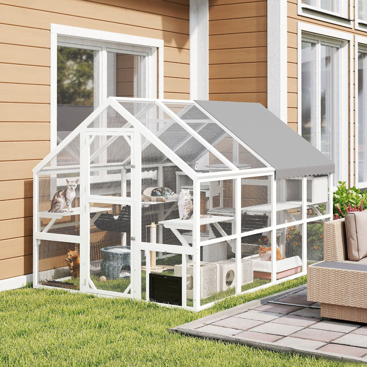 110" Wooden Outdoor Catio with Waterproof Cover, 2 Condos & 6 Platforms, White, DOBA-CAT110W