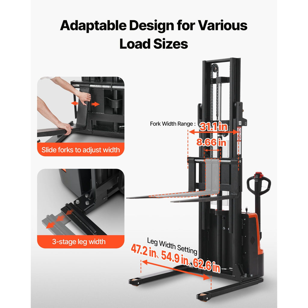 Full Electric Pallet Stacker, 3300 lbs Capacity, Pallet Lift Stacker Forklift with Straddle Legs & Forks, 127.6 Inches Lifting Height & 8.66-31.1 Inches Adjustable Fork Width, Orange & Black