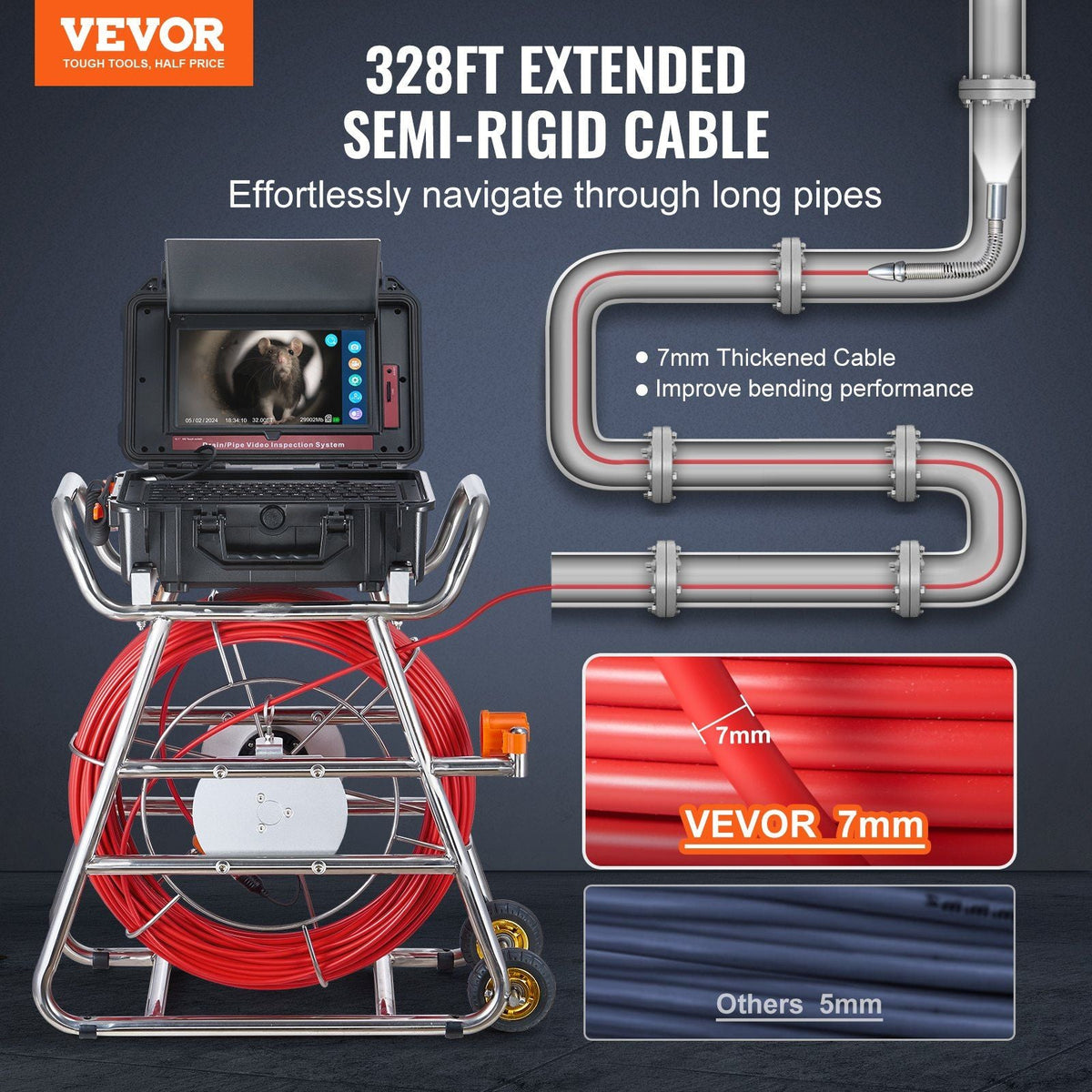 328 ft (100m) Sewer Camera, Self-Leveling Drain Inspection System, 10.1" Touchscreen Display, DOBA-SC100