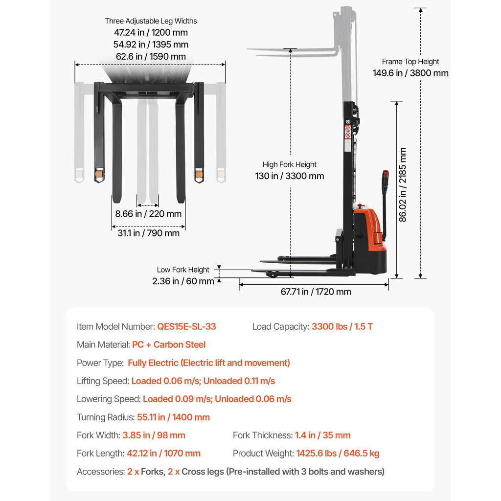 Full Electric Pallet Stacker, 3300 lbs Capacity, Pallet Lift Stacker Forklift with Straddle Legs & Forks, 127.6 Inches Lifting Height & 8.66-31.1 Inches Adjustable Fork Width, Orange & Black