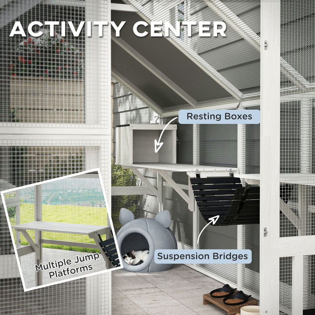 110" Wooden Outdoor Catio with Waterproof Cover, 2 Condos & 6 Platforms, White, DOBA-CAT110W