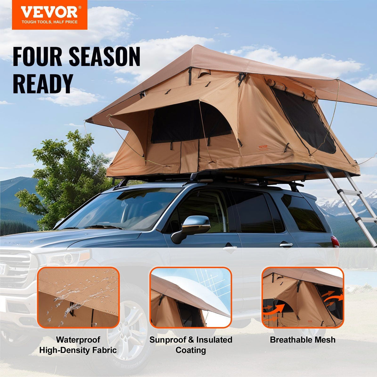 Hard Shell Rooftop Tent for 2–3 Person with Ladder, Waterproof Camping Tent for SUV & Truck, VEVOR, DOBA-RTT23