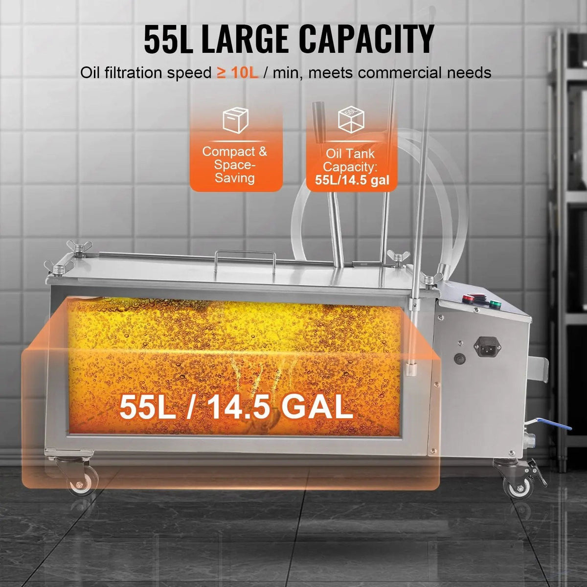 55L Mobile Fryer Filter, 10 L/min Filtration Speed, Swivel Wheels, Oil Hose for Restaurant Use, DOBA-FF55