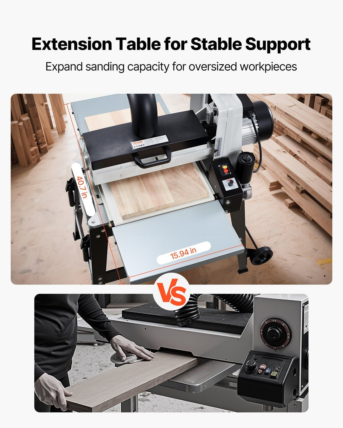 16" Drum Sander with Stand & Extension Tables, 1.5HP Variable Speed Dual Motor, VEVOR, DOBA-DS1615HP