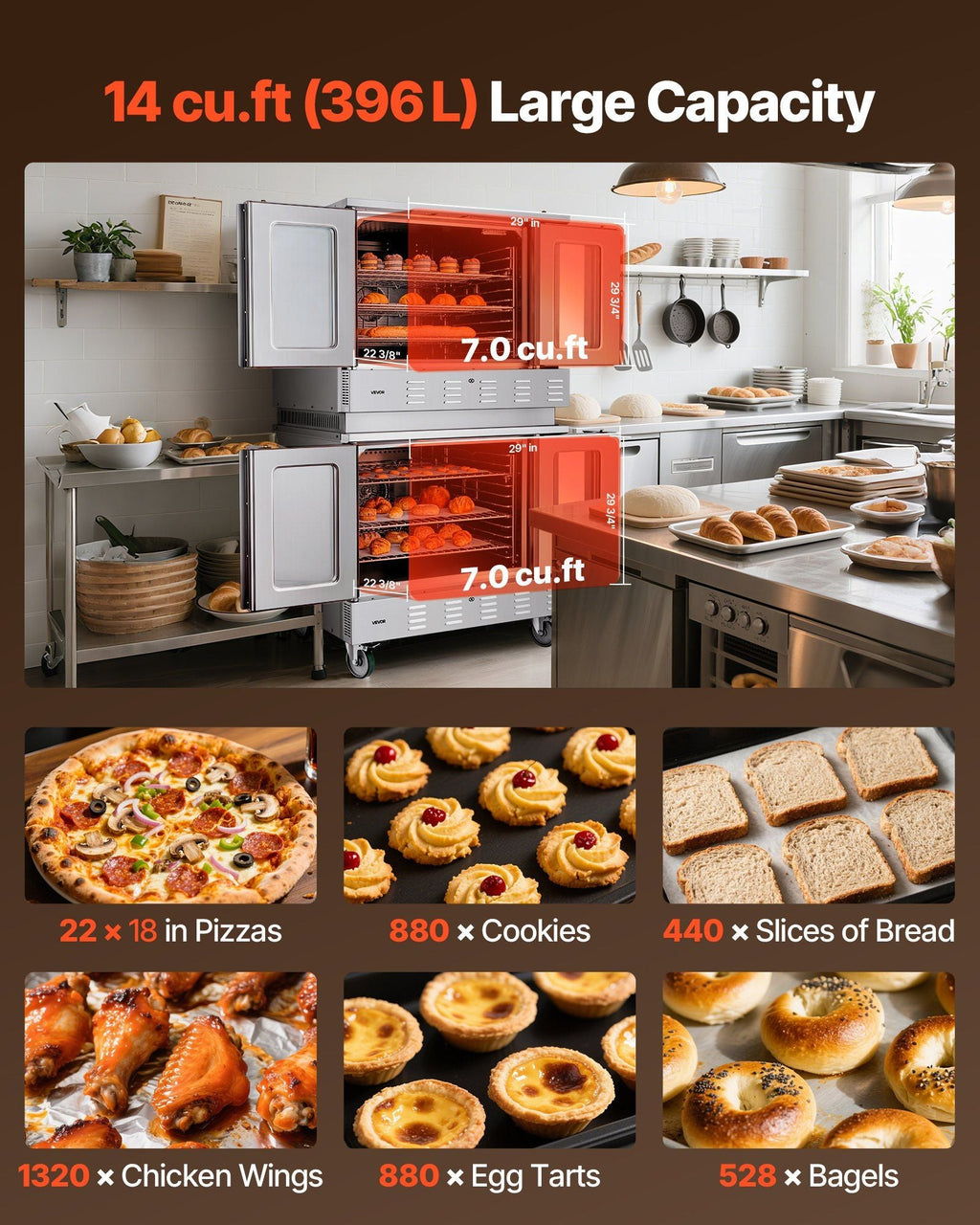 Double Deck Gas Convection Oven, 14 cu.ft Full-Size Capacity, 40,000 BTU x2 Burners, Dual Fan Modes for Bakery & Restaurant Use, DOBA-GO14
