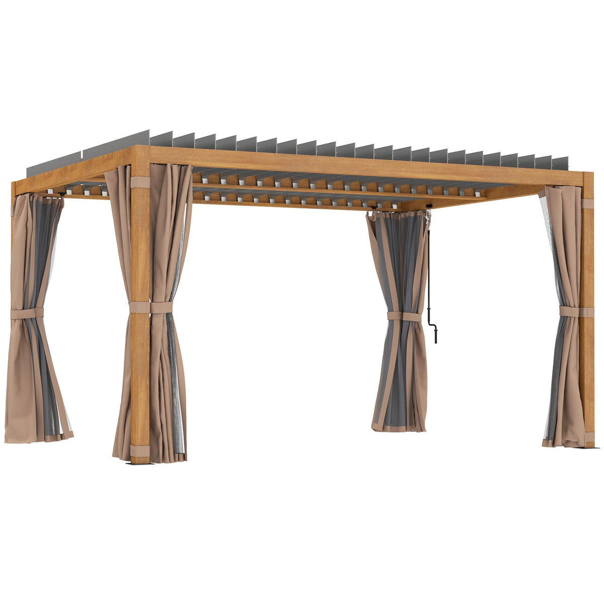 10' x 13' Adjustable Louvered Aluminum Pergola with Canopy, Curtains & Netting, Natural Wood, Outsunny, DOBA-PG1013B