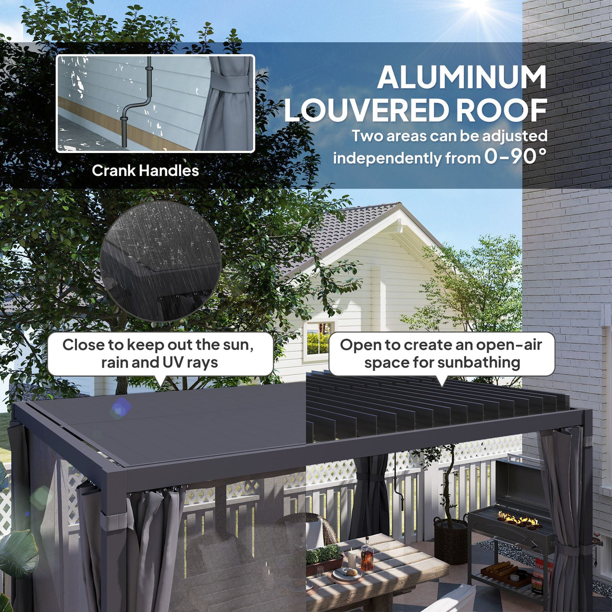 10' x 13' Adjustable Louvered Aluminum Pergola with Canopy, Curtains & Netting, Outsunny, DOBA-PG1013
