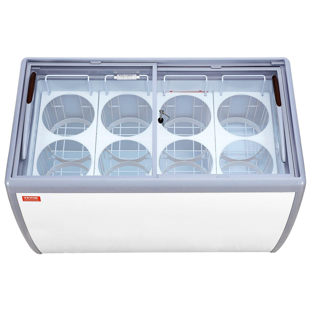 VEVOR Commercial Ice Cream Display Case, 13.1 Cu.ft Chest Freezer, Mobile Glass Top Deep Freezer, Restaurant Gelato Dipping Cabinet with 8 Large Tubs, 2 Sliding Glass Doors, Locking Casters, White