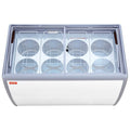 VEVOR Commercial Ice Cream Display Case, 13.1 Cu.ft Chest Freezer, Mobile Glass Top Deep Freezer, Restaurant Gelato Dipping Cabinet with 8 Large Tubs, 2 Sliding Glass Doors, Locking Casters, White