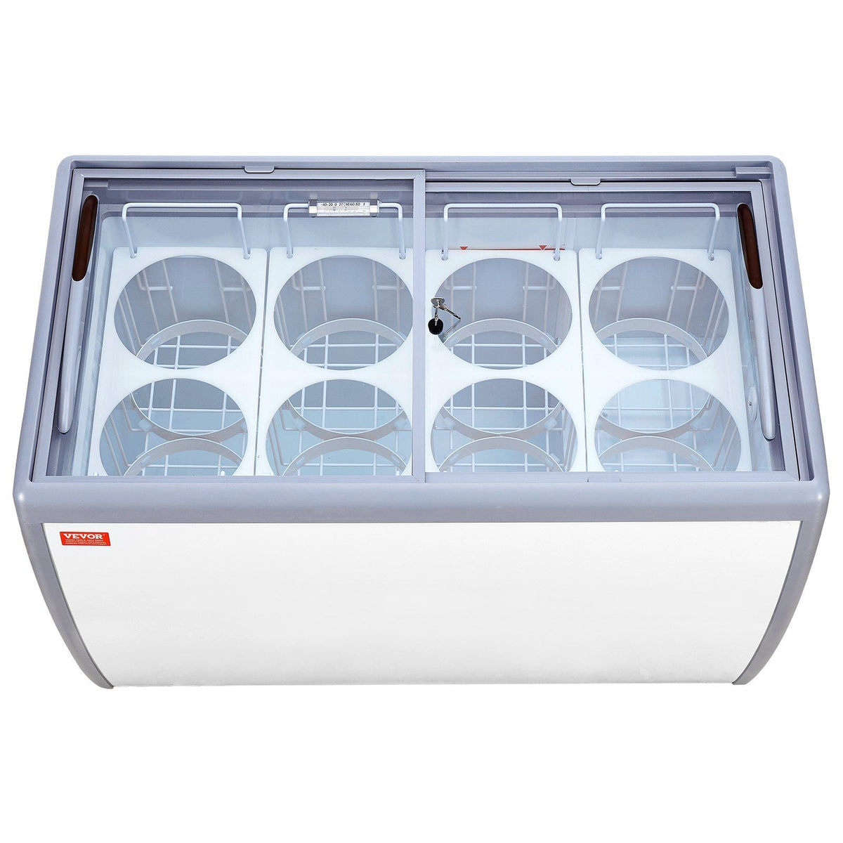 VEVOR Commercial Ice Cream Display Case, 13.1 Cu.ft Chest Freezer, Mobile Glass Top Deep Freezer, Restaurant Gelato Dipping Cabinet with 8 Large Tubs, 2 Sliding Glass Doors, Locking Casters, White
