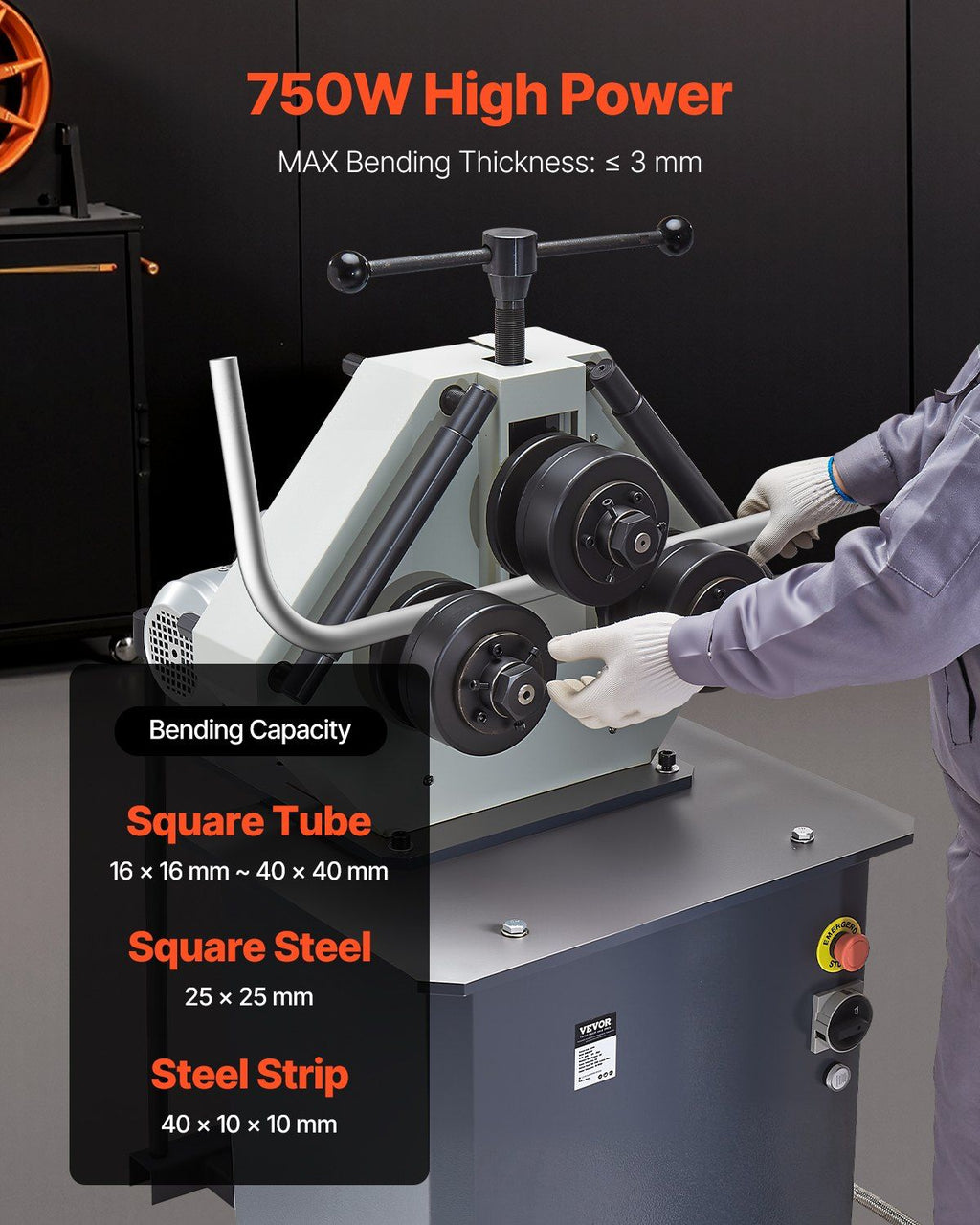750W Electric Roll Bending Machine, 3-Roller Pipe Bender with 180° Max Bending Angle, Reversible Foot Switch, 220V 3-Phase, DOBA-RB750