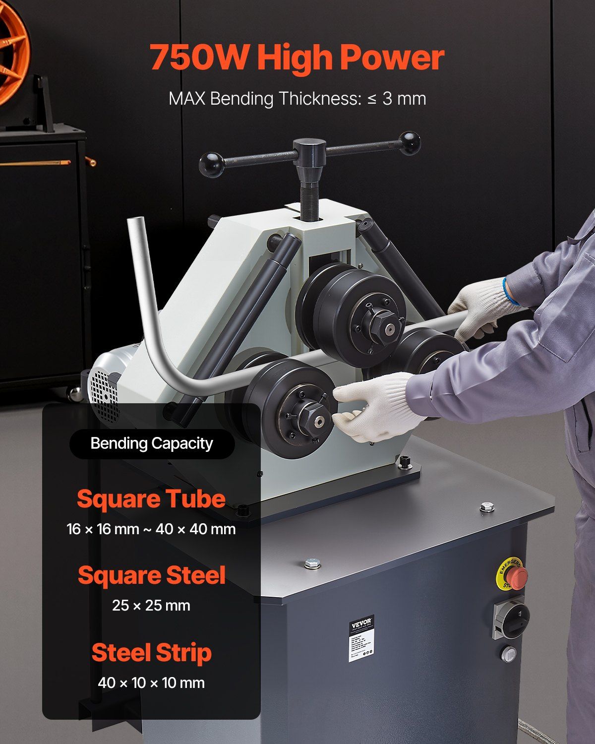 750W Electric Roll Bending Machine, 3-Roller Pipe Bender with 180° Max Bending Angle, Reversible Foot Switch, 220V 3-Phase, DOBA-RB750