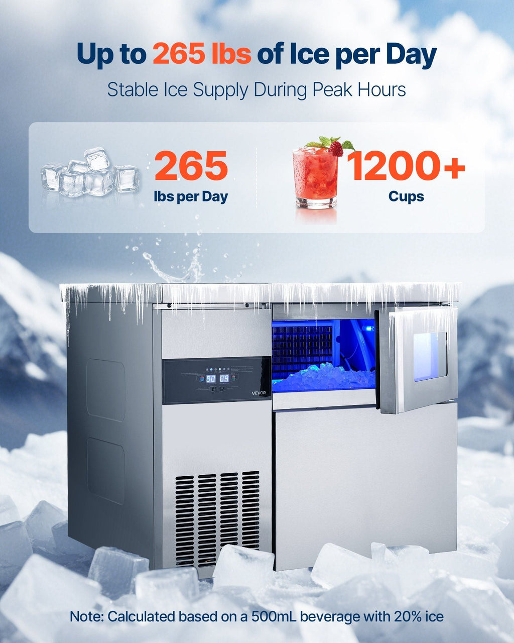 265 lbs/24H Commercial Ice Maker, Stainless Steel with Worktop, 66 lbs Storage & 126 Cubes per Cycle, Self-Cleaning Freestanding Design, DOBA-IM265