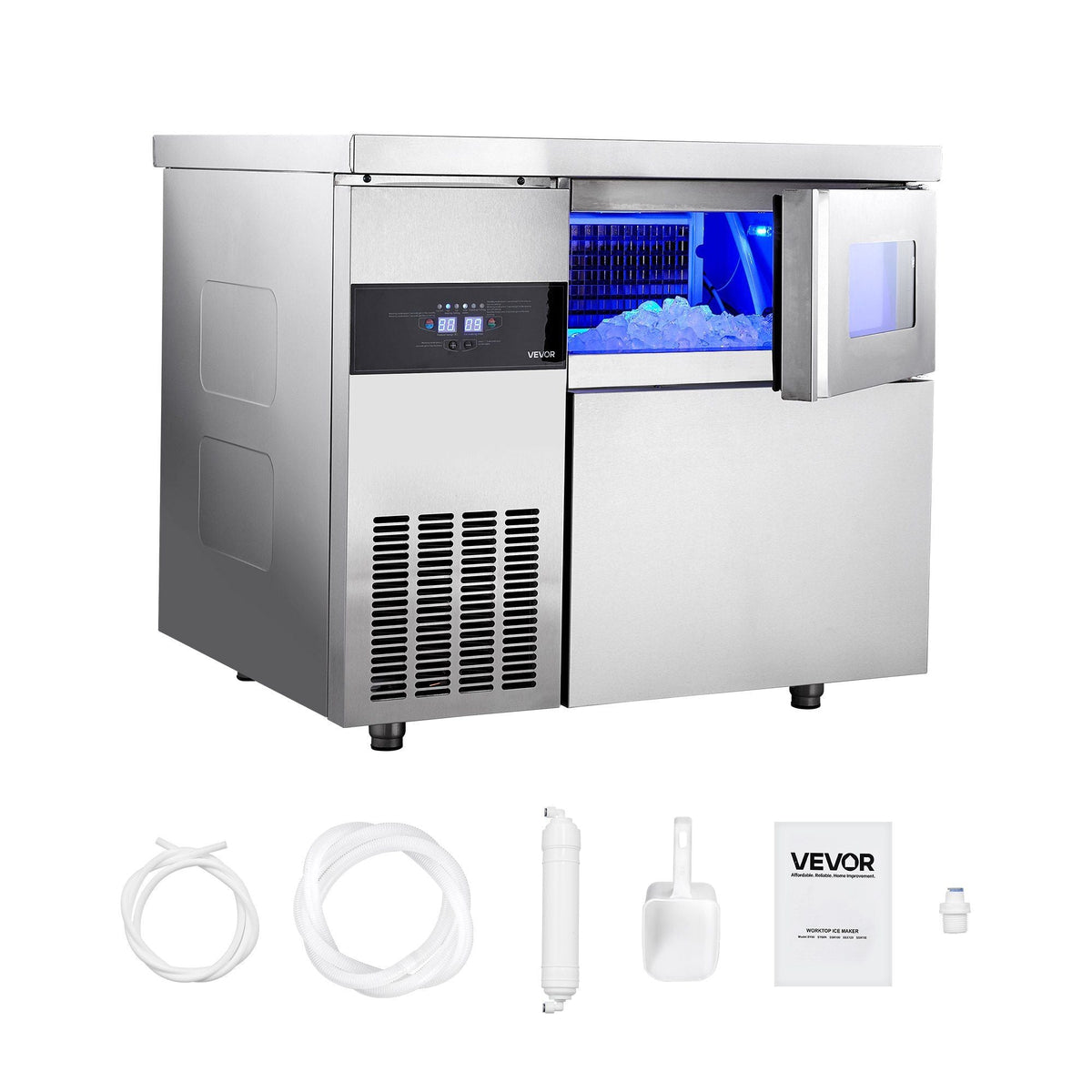 265 lbs/24H Commercial Ice Maker, Stainless Steel with Worktop, 66 lbs Storage & 126 Cubes per Cycle, Self-Cleaning Freestanding Design, DOBA-IM265