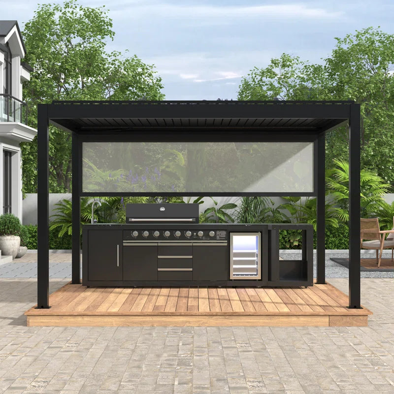 Akoah – Ensemble îlot de cuisine extérieure modulaire 4 pièces avec barbecue 8 brûleurs, réfrigérateur et roulettes