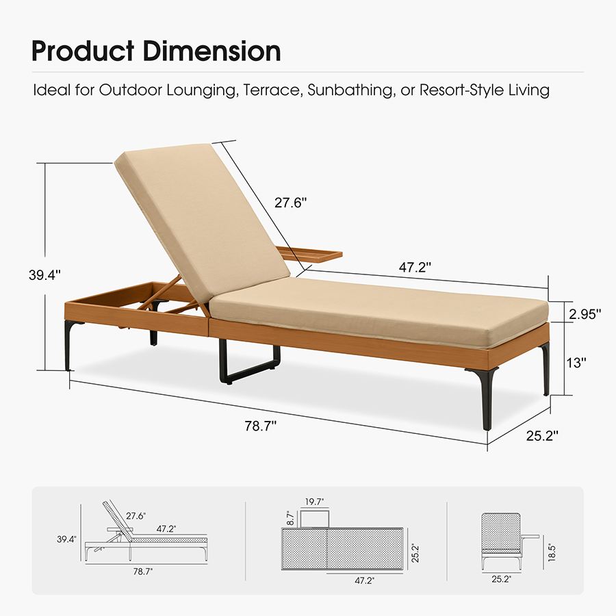 PURPLE LEAF Outdoor Chaise Lounge Sunbrella Patio Lounge Chair Recliner and Cushion for Poolside Balcony Backyard