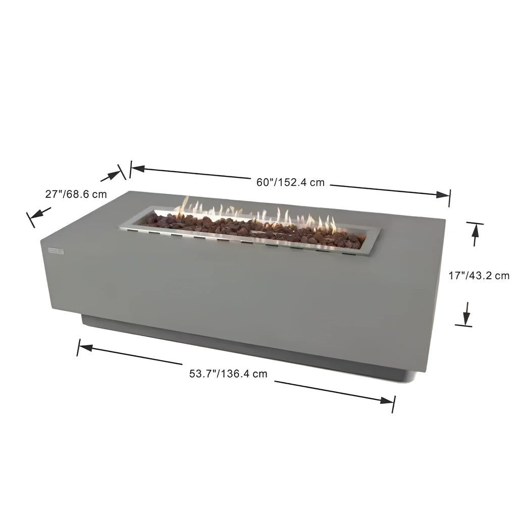 Elementi Granville Outdoor Fire Pit 60 In. X 27 In. Rectangular Concrete Propane Fire Table with Lava Rocks and Cover