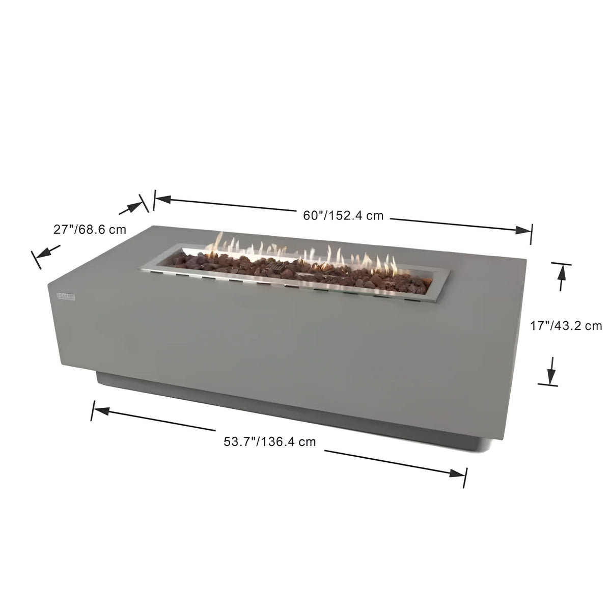 Elementi Granville Outdoor Fire Pit 60 In. X 27 In. Rectangular Concrete Propane Fire Table with Lava Rocks and Cover