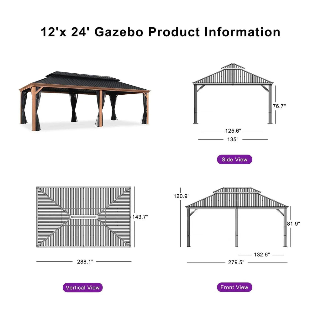 PURPLE LEAF Hardtop Gazebo for Patio Wood Grain Aluminum Frame Awning with Netting