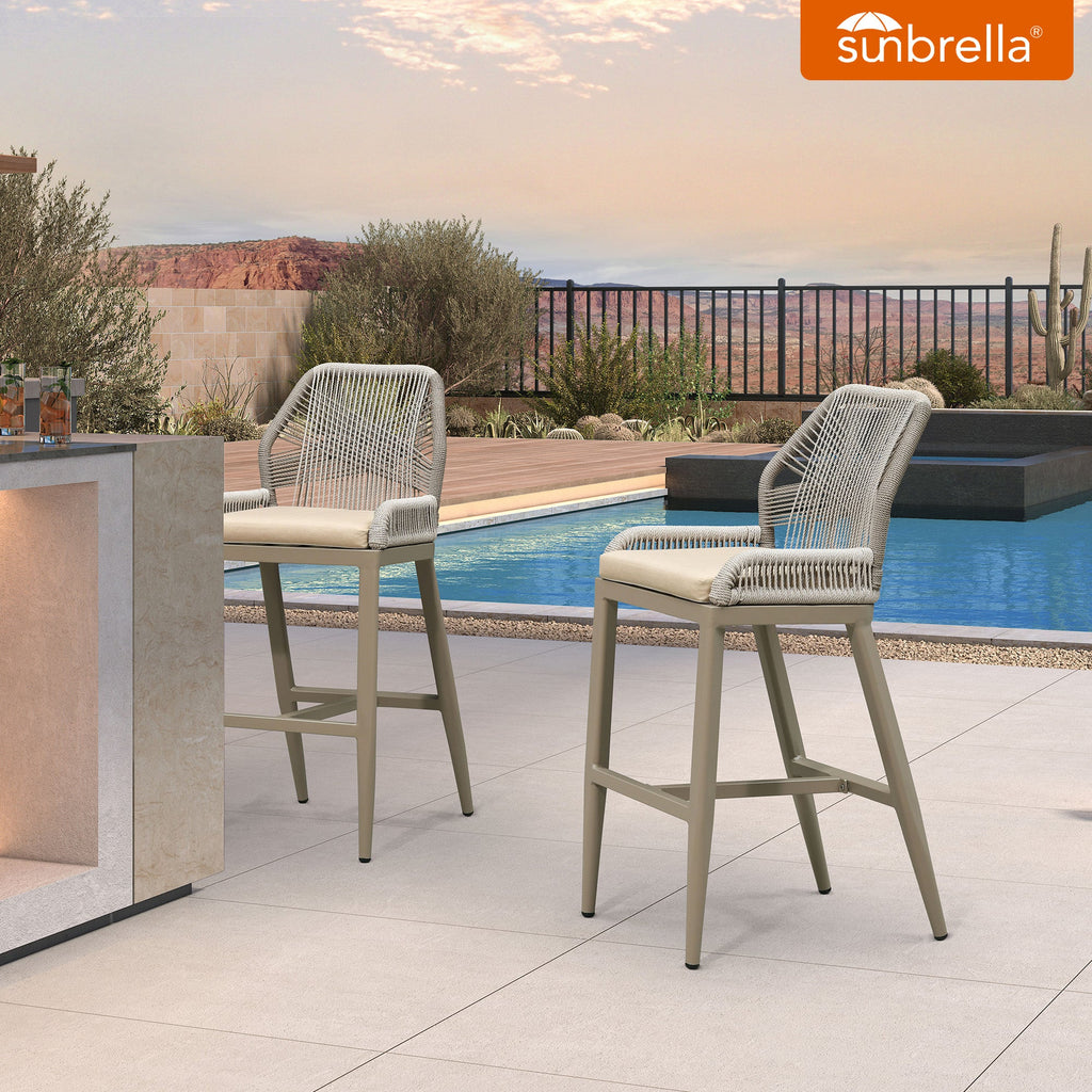 PURPLE LEAF Patio Sunbrella Bar Stools Set of 2  Rattan Bar Aluminum Bar Stool Outdoor Barstools with Back and Cushion for Garden Kitchen Island