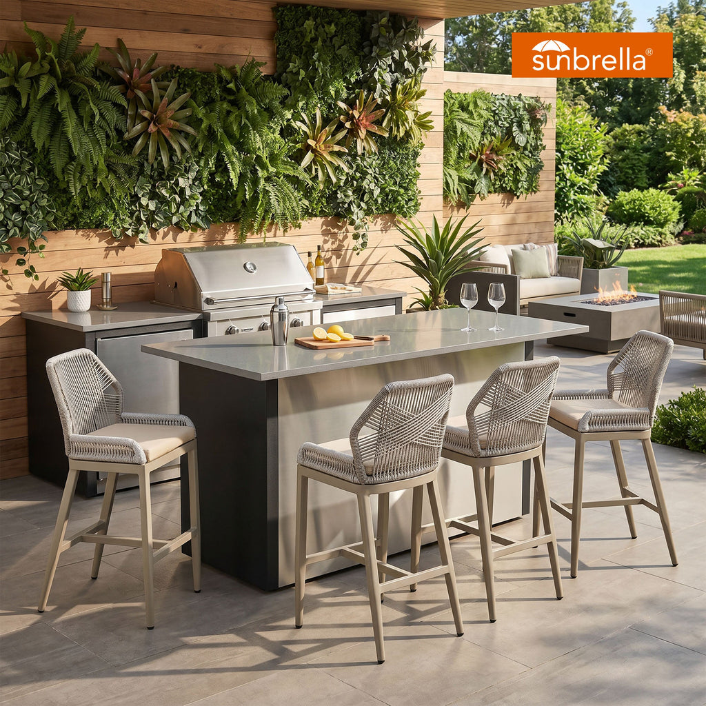 PURPLE LEAF Patio Sunbrella Bar Stools Set of 2  Rattan Bar Aluminum Bar Stool Outdoor Barstools with Back and Cushion for Garden Kitchen Island