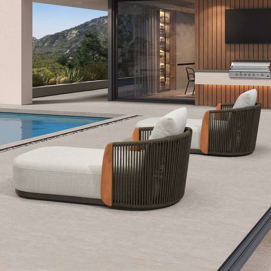 PURPLE LEAF Luxury  Hailar Olefin Patio Chaise Lounge Chair , Upholstered Pool Aluminium Lounge Chairs for Outdoor with Teak Armres for Deck, Pool, Lawn, Garden, Courtyard, Porch