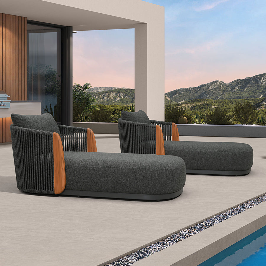 PURPLE LEAF Luxury  Hailar Olefin Patio Chaise Lounge Chair , Upholstered Pool Aluminium Lounge Chairs for Outdoor with Teak Armres for Deck, Pool, Lawn, Garden, Courtyard, Porch