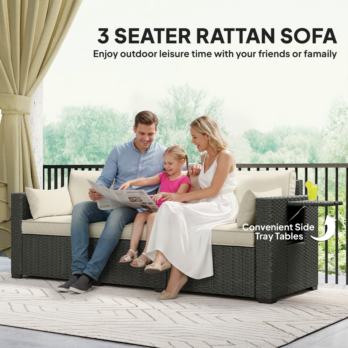 3-Seater Wicker Outdoor Sofa with Side Trays & Thick Cushions, Cream White