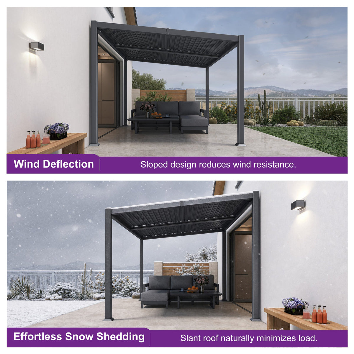 PURPLE LEAF Caesar Hardtop Louvered Pergola with LED String Lights, Slanted Roof Outdoor Aluminum Pergola with Adjustable Rainproof Louvers,Freestanding Patio Gazebo for Backyard Deck, Gray