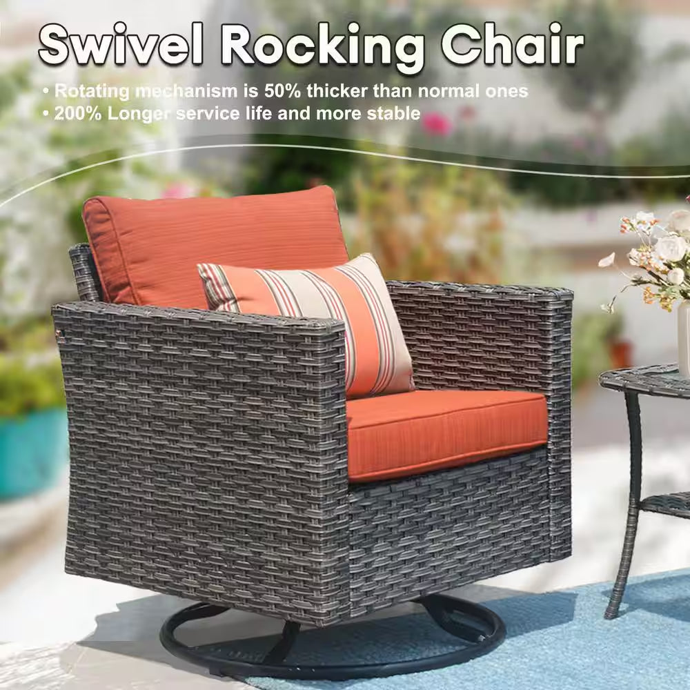 Michigan 6-Piece Wicker Outdoor Patio Fire Pit Seating Sofa Set and with Orange Red Cushions and Swivel Rocking Chairs