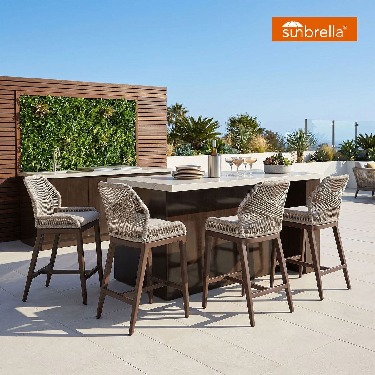 PURPLE LEAF Patio Sunbrella Bar Stools Set of 2  Rattan Bar Aluminum Bar Stool Outdoor Barstools with Back and Cushion for Garden Kitchen Island