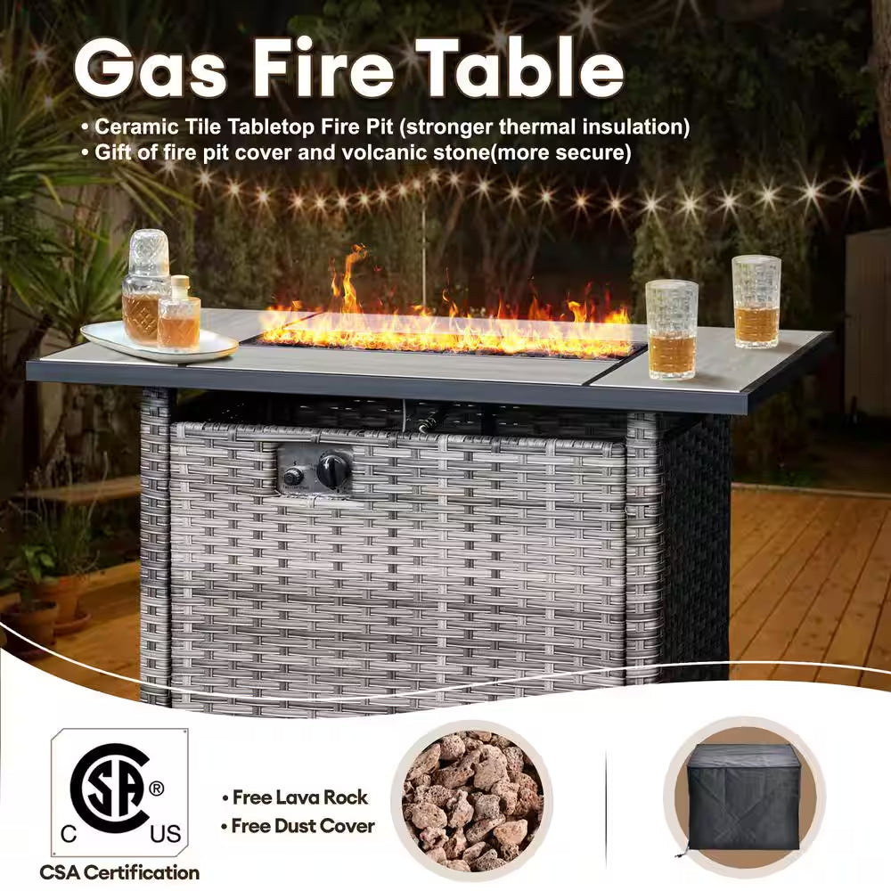 Milan Gray 8-Piece Wicker Outdoor Patio Rectangular Fire Pit Seating Sofa Set and with Orange Red Cushions