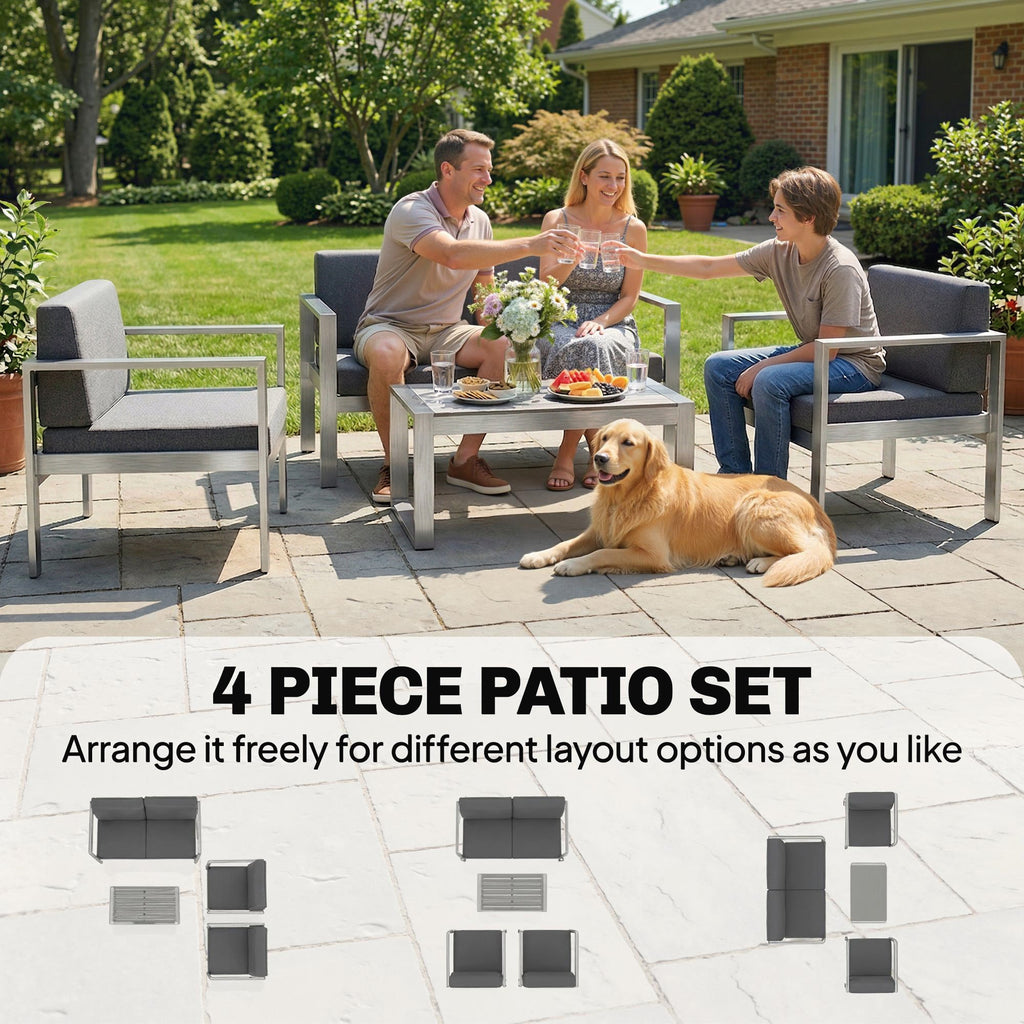 4-Seater Aluminium Sofa Set with Faux Wood Table and Olefin Cushions, Dark Grey