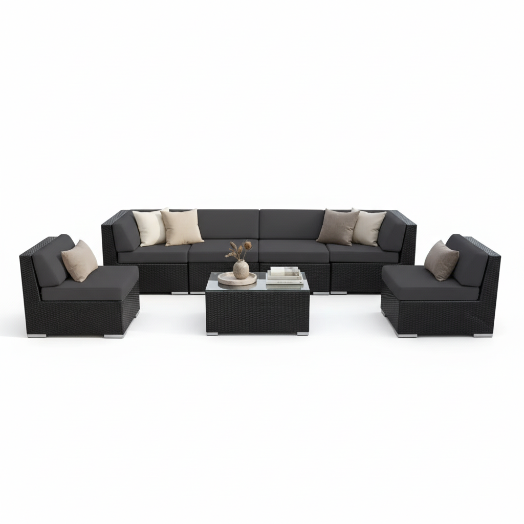 Black 7-Piece Wicker Patio Seating Set with Sunbrella Coal Cushions
