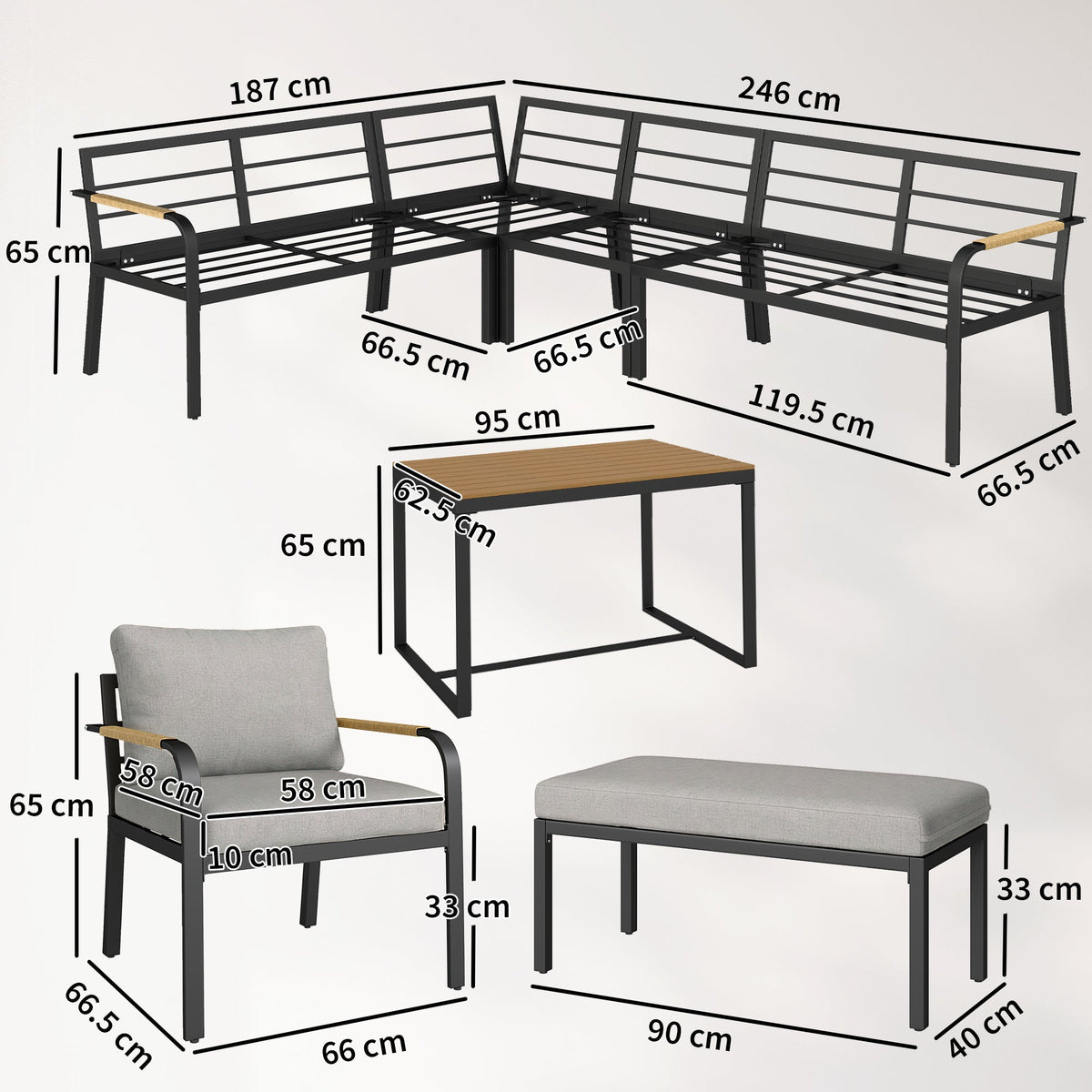 7 Seater Garden Furniture Set with Faux Wood Table, Light Grey