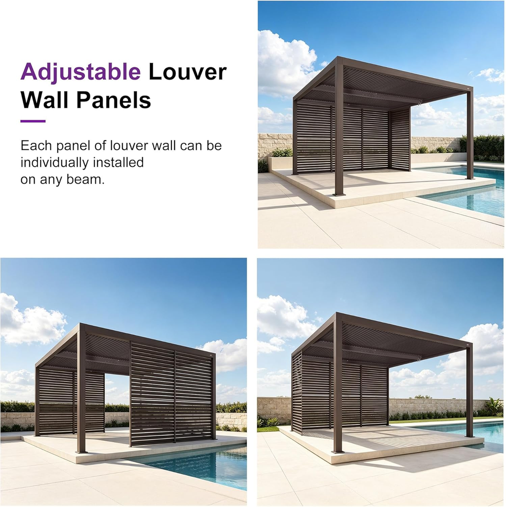 PURPLE LEAF Athena Louvered Pergola Bronze Outdoor Aluminum Pergola with Shutter Wall Adjustable Gazebo Rainproof for Patio Deck Garden