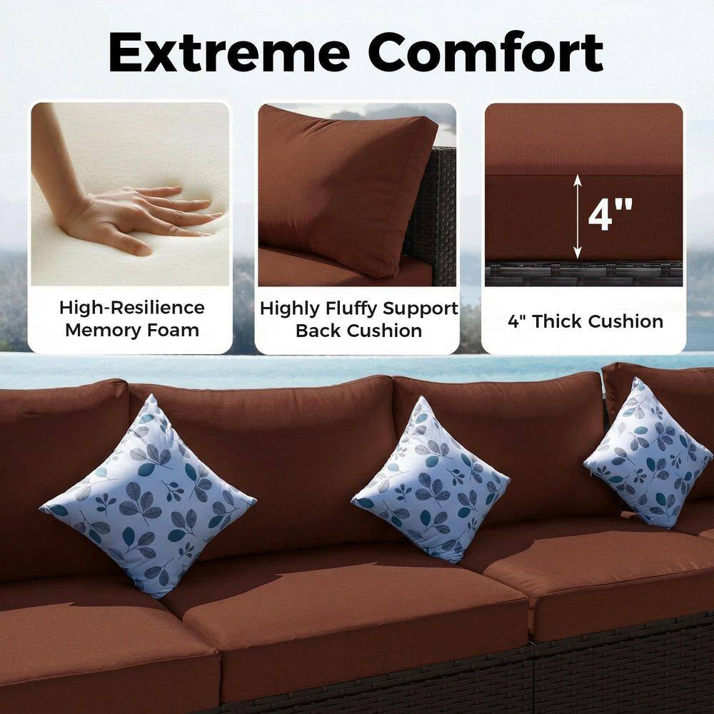 7 Piece Large Espresso Wicker Patio Fire Pit Sectional Deep Seating Sofa Set with Ottamans and Ruby Red Cushions