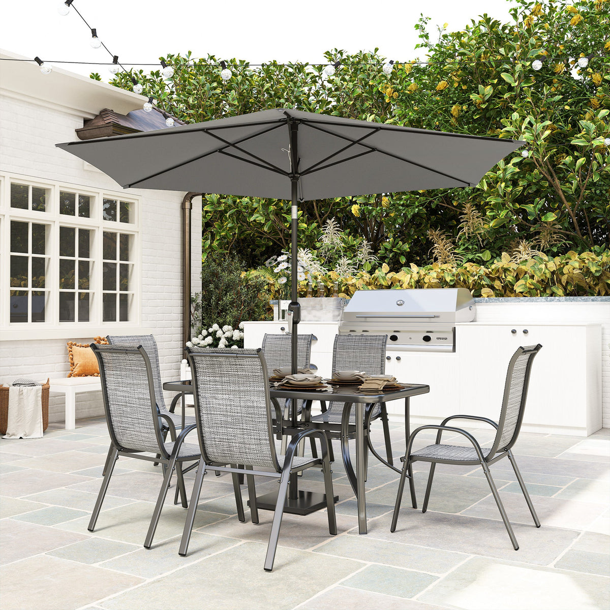 8-Piece Patio Dining Set with 9 Ft Umbrella, Mixed Gray