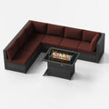 Large 7 Piece Charcoal Wicker Patio Fire Pit Conversation Sectional Deep Seating Sofa Set with Dark Red Cushions