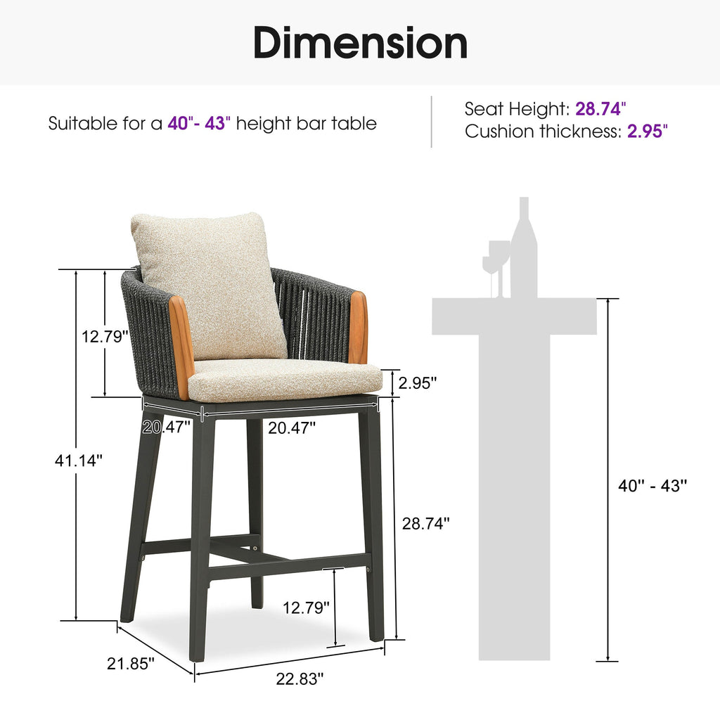 PURPLE LEAF Hailar Outdoor Bar Stools Chair Modern Rattan Bar Stool with Back and Cushion for Balcony, Indoor or Outdoor, Kitchen Island