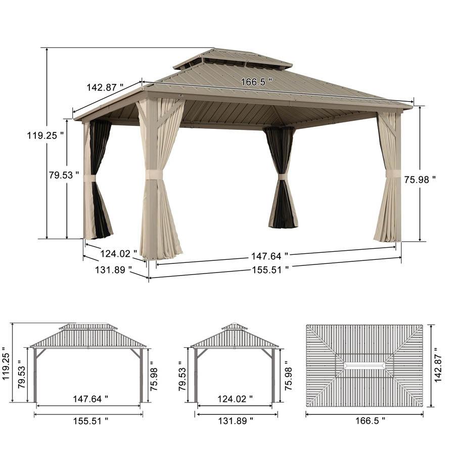 PURPLE LEAF Deck Gazebo Champagne Hardtop Metal Frame Double Roof with Curtains and Netting