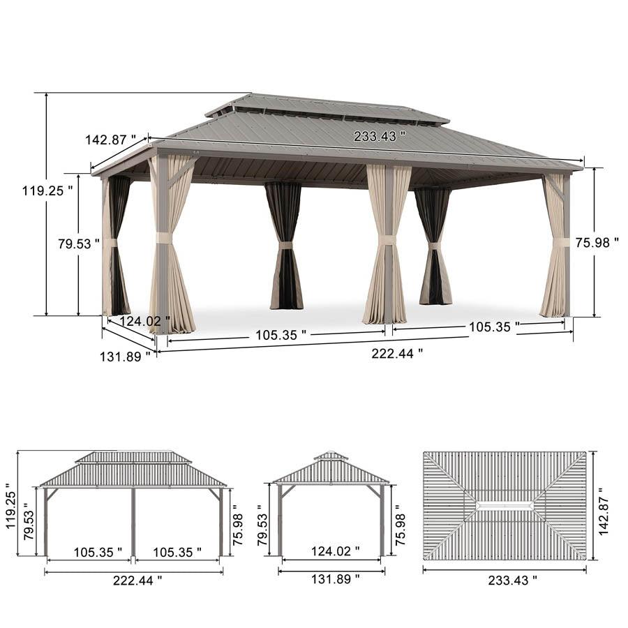 PURPLE LEAF Deck Gazebo Champagne Hardtop Metal Frame Double Roof with Curtains and Netting
