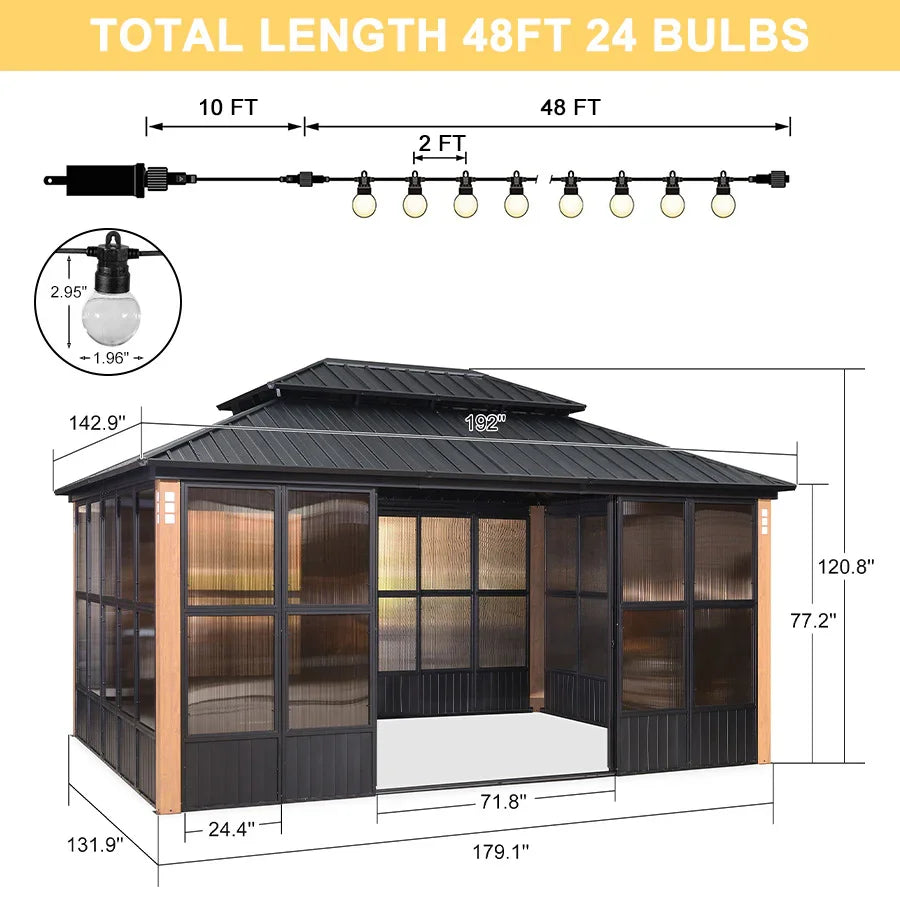 PURPLE LEAF Sunroom Hardtop Gazebo with Wood Grain Columns Black Frame Double Roof Galvanized Steel Solarium All-Weather Screen House with String Lights