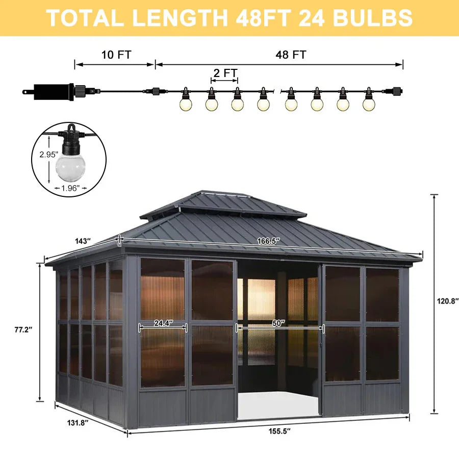 PURPLE LEAF Sunroom Hardtop Gazebo Solarium Grey Galvanized Steel Double Roof  All-Weather Aluminum Outdoor Screen House with String Lights