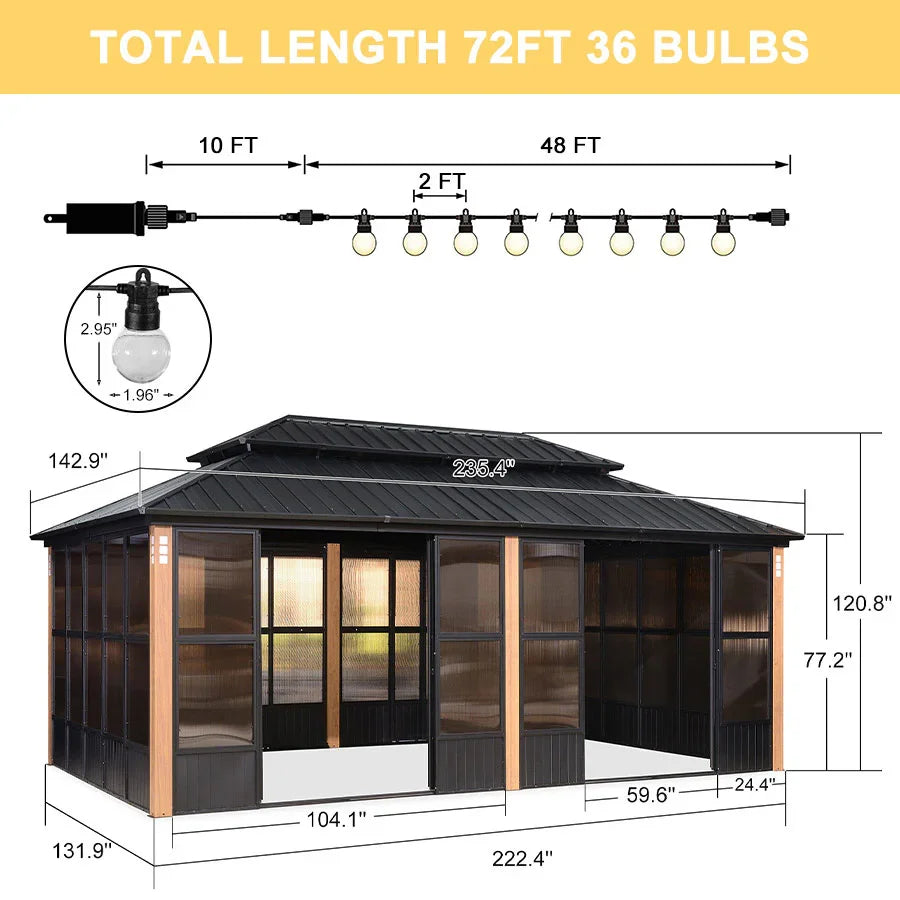 PURPLE LEAF Sunroom Hardtop Gazebo with Wood Grain Columns Black Frame Double Roof Galvanized Steel Solarium All-Weather Screen House with String Lights