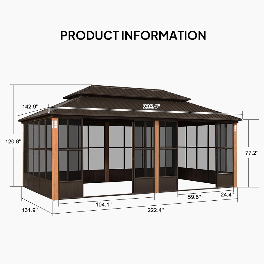 PURPLE LEAF Bronze Frame Sunroom Hardtop Gazebo Solarium Wood Grain Columns Galvanized Steel Double Roof All-Weather Screen House