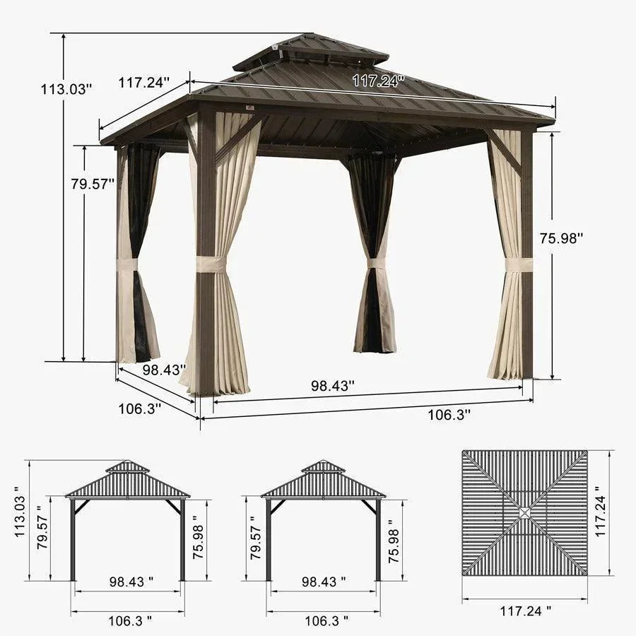 PURPLE LEAF Hardtop Gazebo Featuring Galvanized Steel Double Roof and Bronze Aluminum Frame with Curtains and Netting for Patio and Poolside