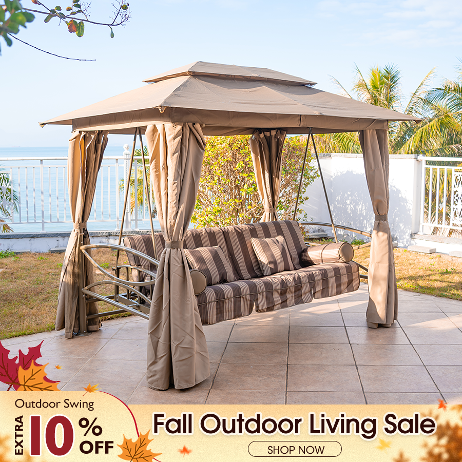 PURPLE LEAF 3 Person Outdoor Patio Porch Swing Gazebo with Netting & Gazebo Curtains with Canopy Swings for Adults