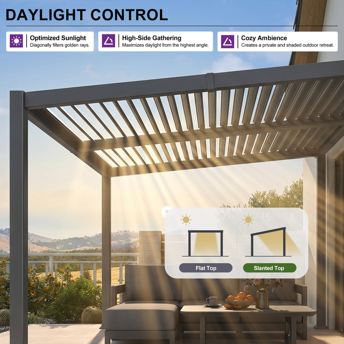PURPLE LEAF Caesar Hardtop Louvered Pergola with LED String Lights, Slanted Roof Outdoor Aluminum Pergola with Adjustable Rainproof Louvers,Freestanding Patio Gazebo for Backyard Deck, Gray