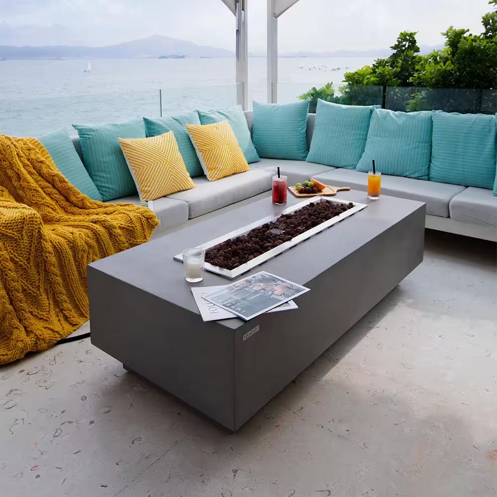 Elementi Granville Outdoor Fire Pit 60 In. X 27 In. Rectangular Concrete Propane Fire Table with Lava Rocks and Cover